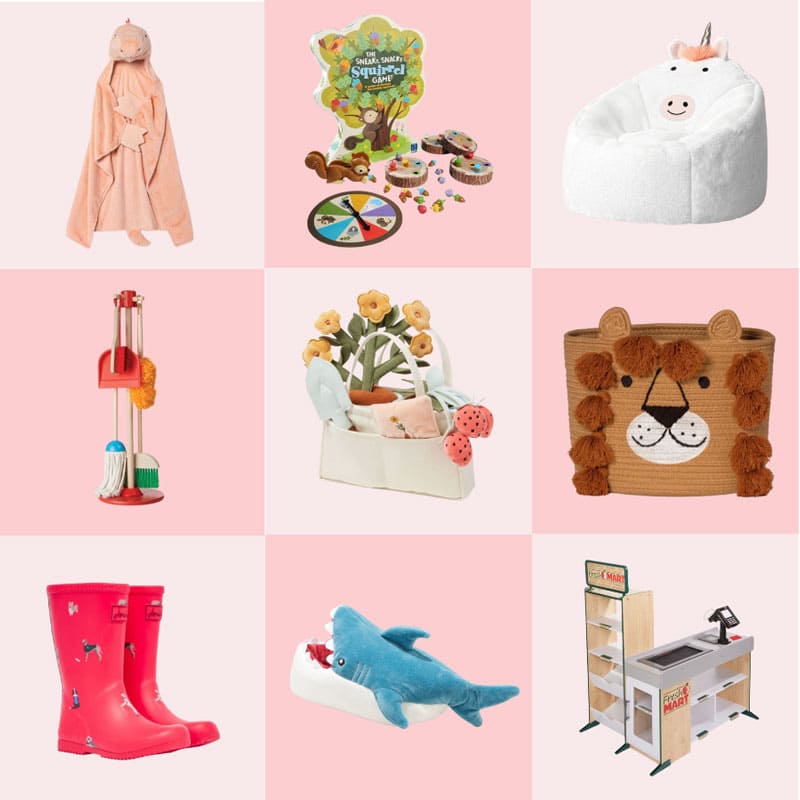 roundup of nine kids products from Target Deal Days on a pale pink checkered background