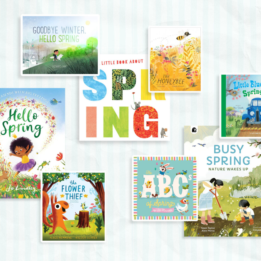 A collection of children's books with spring themed titles